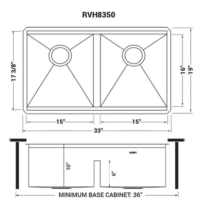 Ruvati 33-inch Workstation Ledge 50/50 Double Bowl Undermount 16 Gauge Stainless Steel Kitchen Sink - RVH8350