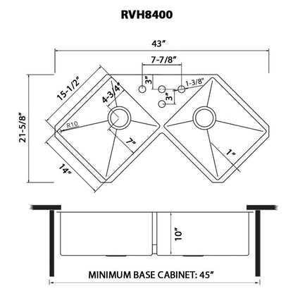 Ruvati Corner Butterfly Undermount Kitchen Sink 16 Gauge 44" Double Bowl - RVH8400