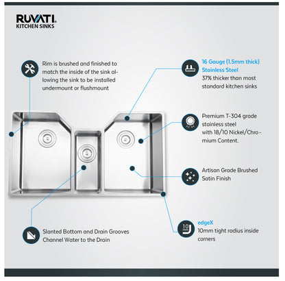 Ruvati 35" Triple Bowl Undermount 16 Gauge Stainless Steel Kitchen Sink - RVH8500