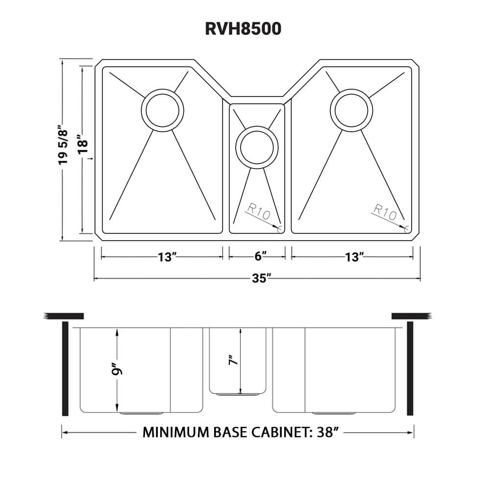 Ruvati 35" Triple Bowl Undermount 16 Gauge Stainless Steel Kitchen Sink - RVH8500