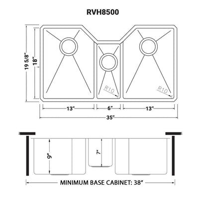 Ruvati 35" Triple Bowl Undermount 16 Gauge Stainless Steel Kitchen Sink - RVH8500