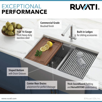 Ruvati 33" Apron-front Workstation Low-Divide Double Bowl 60/40 Farmhouse Kitchen Sink 16 Gauge Stainless Steel - RVH9201