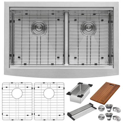 Ruvati 33" Apron-front Workstation Low-Divide Double Bowl 60/40 Farmhouse Kitchen Sink 16 Gauge Stainless Steel - RVH9201