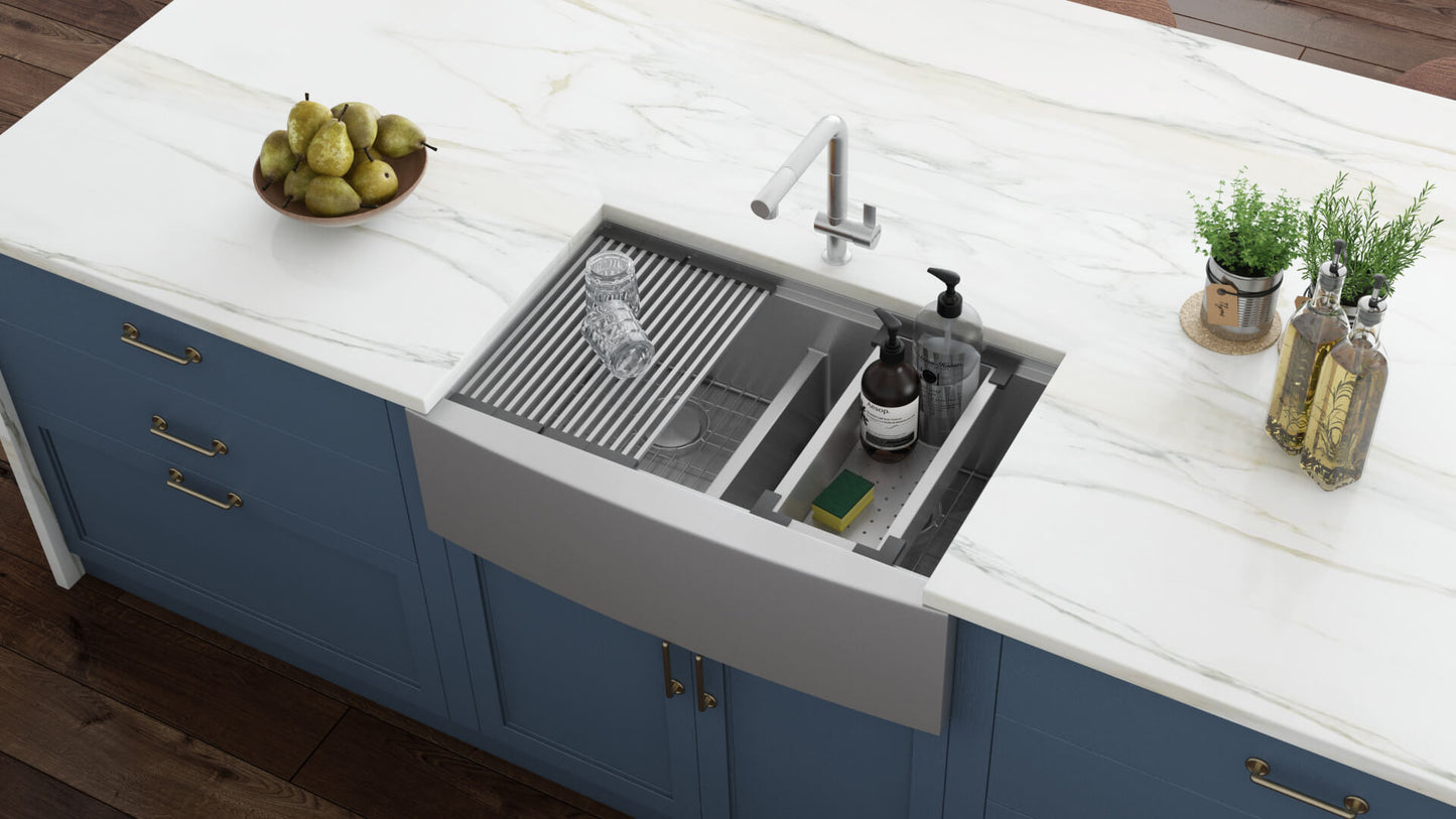 Ruvati 33" Apron-front Workstation Low-Divide Double Bowl 60/40 Farmhouse Kitchen Sink 16 Gauge Stainless Steel - RVH9201