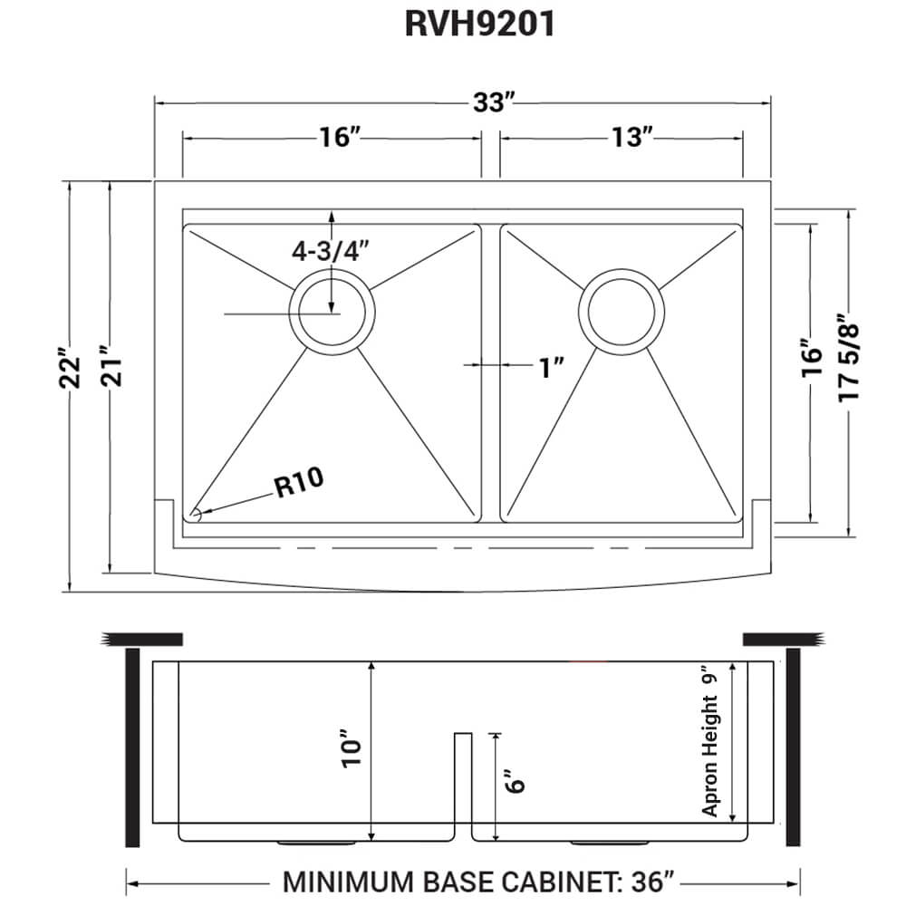 Ruvati 33" Apron-front Workstation Low-Divide Double Bowl 60/40 Farmhouse Kitchen Sink 16 Gauge Stainless Steel - RVH9201