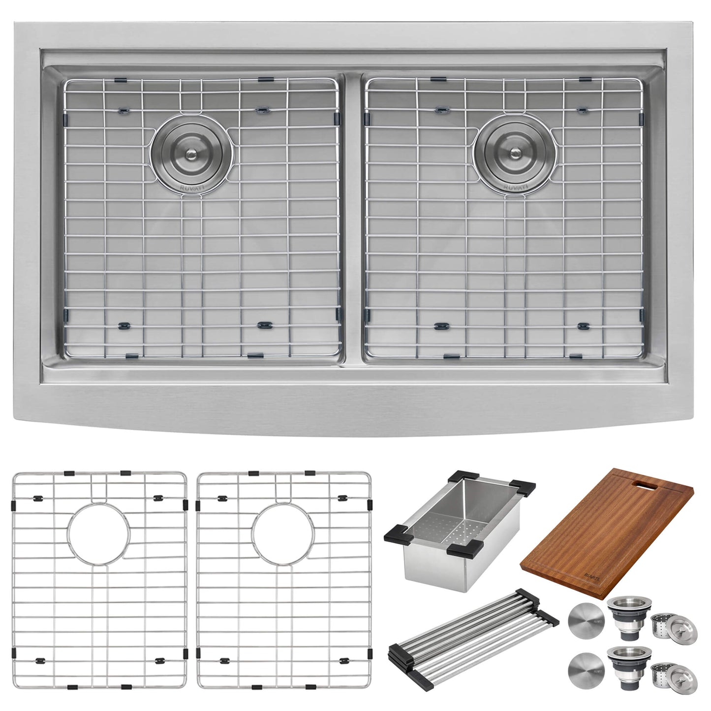 Ruvati 36" Apron-front Workstation Low-Divide Double Bowl 50/50 Farmhouse Kitchen Sink 16 Gauge Stainless Steel - RVH9301