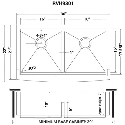 Ruvati 36" Apron-front Workstation Low-Divide Double Bowl 50/50 Farmhouse Kitchen Sink 16 Gauge Stainless Steel - RVH9301