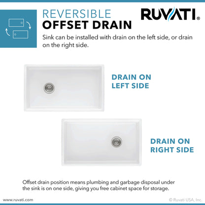 Ruvati 30-inch Fireclay Farmhouse Offset Drain Kitchen Sink Single Bowl White - Right Drain - RVL2018WR