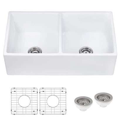 Ruvati 33 x 18 inch Fireclay Farmhouse Apron-Front Kitchen Sink Double Bowl - RVL2311