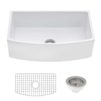 Ruvati 33 inch Fireclay  Farmhouse Kitchen Sink Bow Front Curved Apron Single Bowl - RVL2398