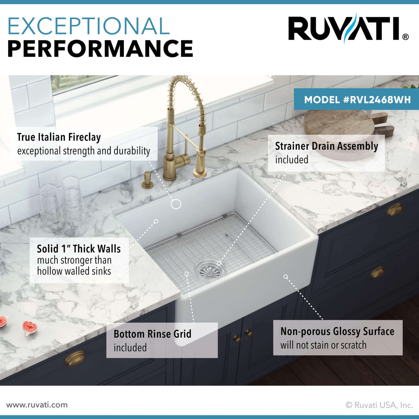 Ruvati 23-inch Fireclay Farmhouse Kitchen Laundry Utility Sink Single Bowl - RVL2468