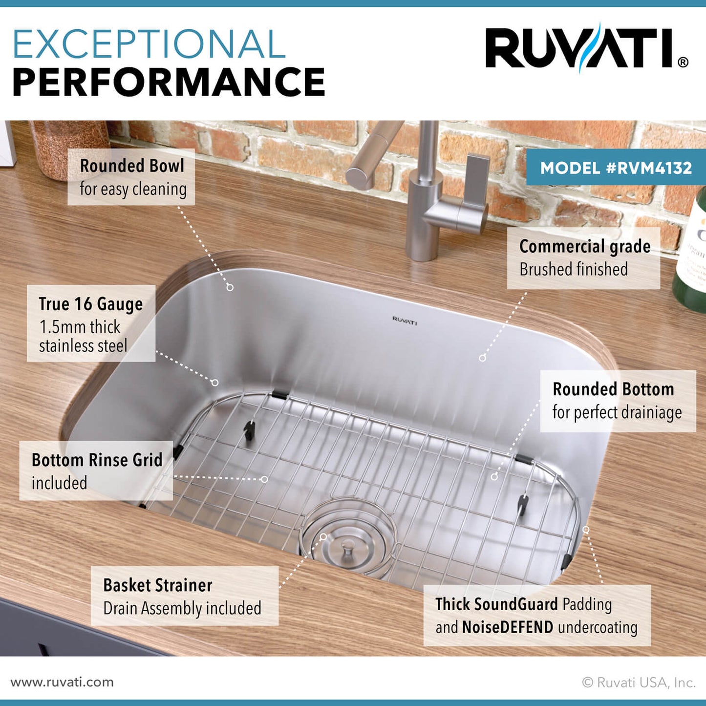 Ruvati 24-inch Undermount 16 Gauge Stainless Steel Kitchen Sink Single Bowl - RVM4132