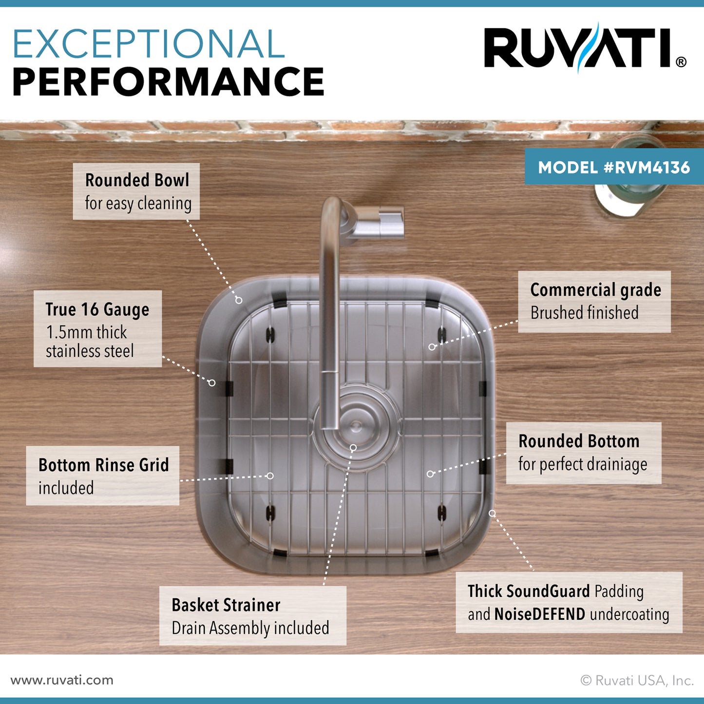 Ruvati 13 x 15 inch Bar Prep Sink Undermount 16 Gauge Stainless Steel - RVM4136