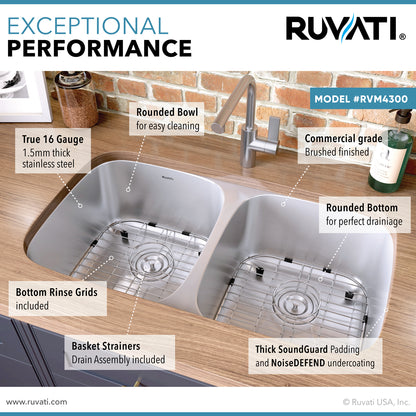 Ruvati 32-inch Undermount 50/50 Double Bowl 16 Gauge Stainless Steel Kitchen Sink - RVM4300