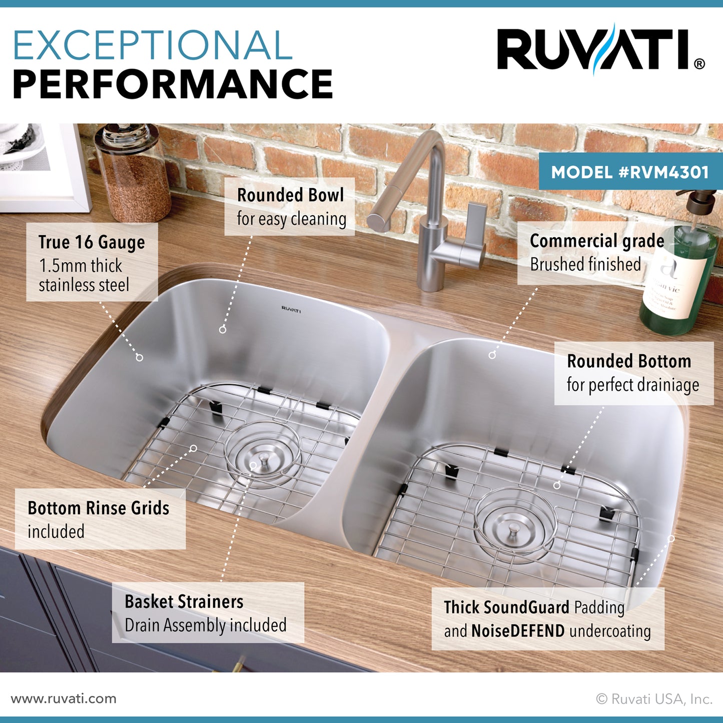 Ruvati 29-inch Undermount 50/50 Double Bowl 16 Gauge Stainless Steel Kitchen Sink - RVM4301