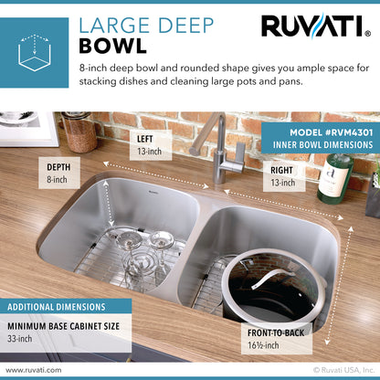 Ruvati 29-inch Undermount 50/50 Double Bowl 16 Gauge Stainless Steel Kitchen Sink - RVM4301