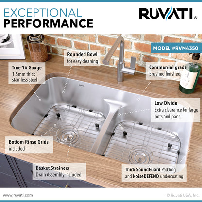 Ruvati 32-inch Low-Divide 50/50 Double Bowl Undermount 16 Gauge Stainless Steel Kitchen Sink - RVM4350