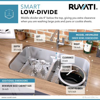 Ruvati 32-inch Low-Divide 50/50 Double Bowl Undermount 16 Gauge Stainless Steel Kitchen Sink - RVM4350