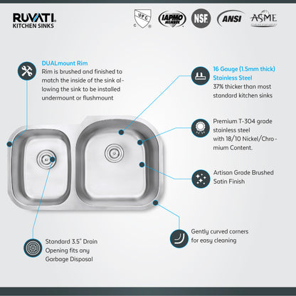 Ruvati 34-inch Undermount 40/60 Double Bowl 16 Gauge Stainless Steel Kitchen Sink - RVM4605