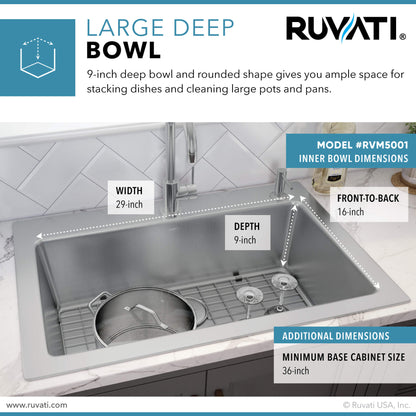 Ruvati 33 x 22 inch Drop-in Topmount Kitchen Sink 16 Gauge Stainless Steel Single Bowl - RVM5001