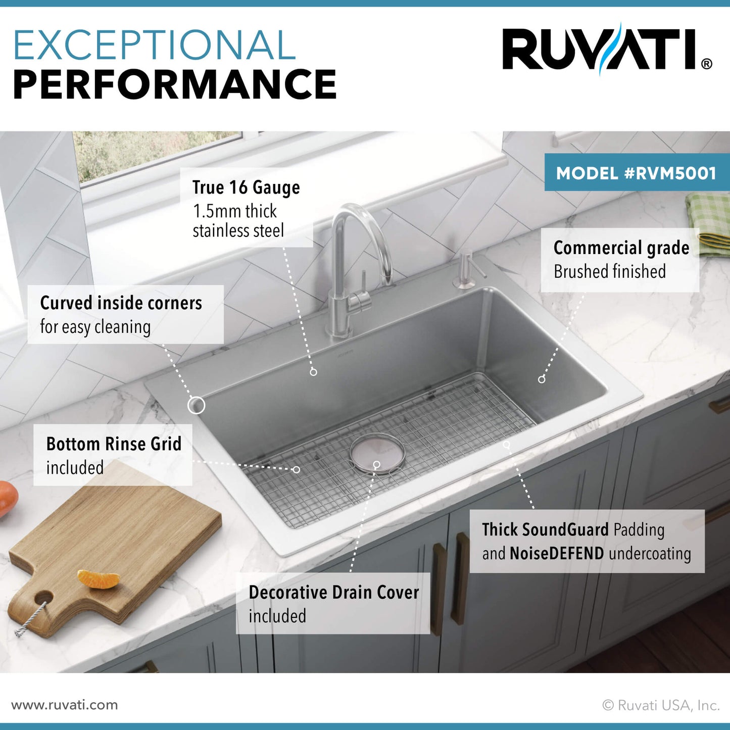 Ruvati 33 x 22 inch Drop-in Topmount Kitchen Sink 16 Gauge Stainless Steel Single Bowl - RVM5001