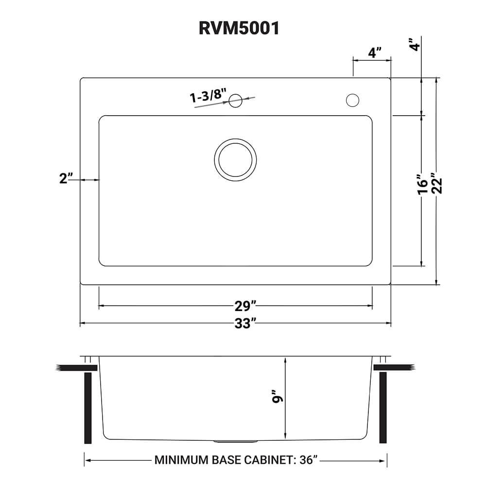 Ruvati 33 x 22 inch Drop-in Topmount Kitchen Sink 16 Gauge Stainless Steel Single Bowl - RVM5001