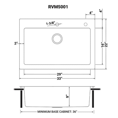 Ruvati 33 x 22 inch Drop-in Topmount Kitchen Sink 16 Gauge Stainless Steel Single Bowl - RVM5001