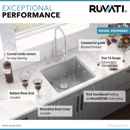 Ruvati 20-inch Undermount Bar Prep Kitchen Sink 16 Gauge Stainless Steel Single Bowl - RVM5020