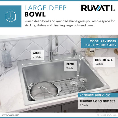 Ruvati 25 x 22 inch Drop-in Topmount Kitchen Sink 16 Gauge Stainless Steel Single Bowl - RVM5025