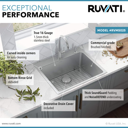 Ruvati 25 x 22 inch Drop-in Topmount Kitchen Sink 16 Gauge Stainless Steel Single Bowl - RVM5025