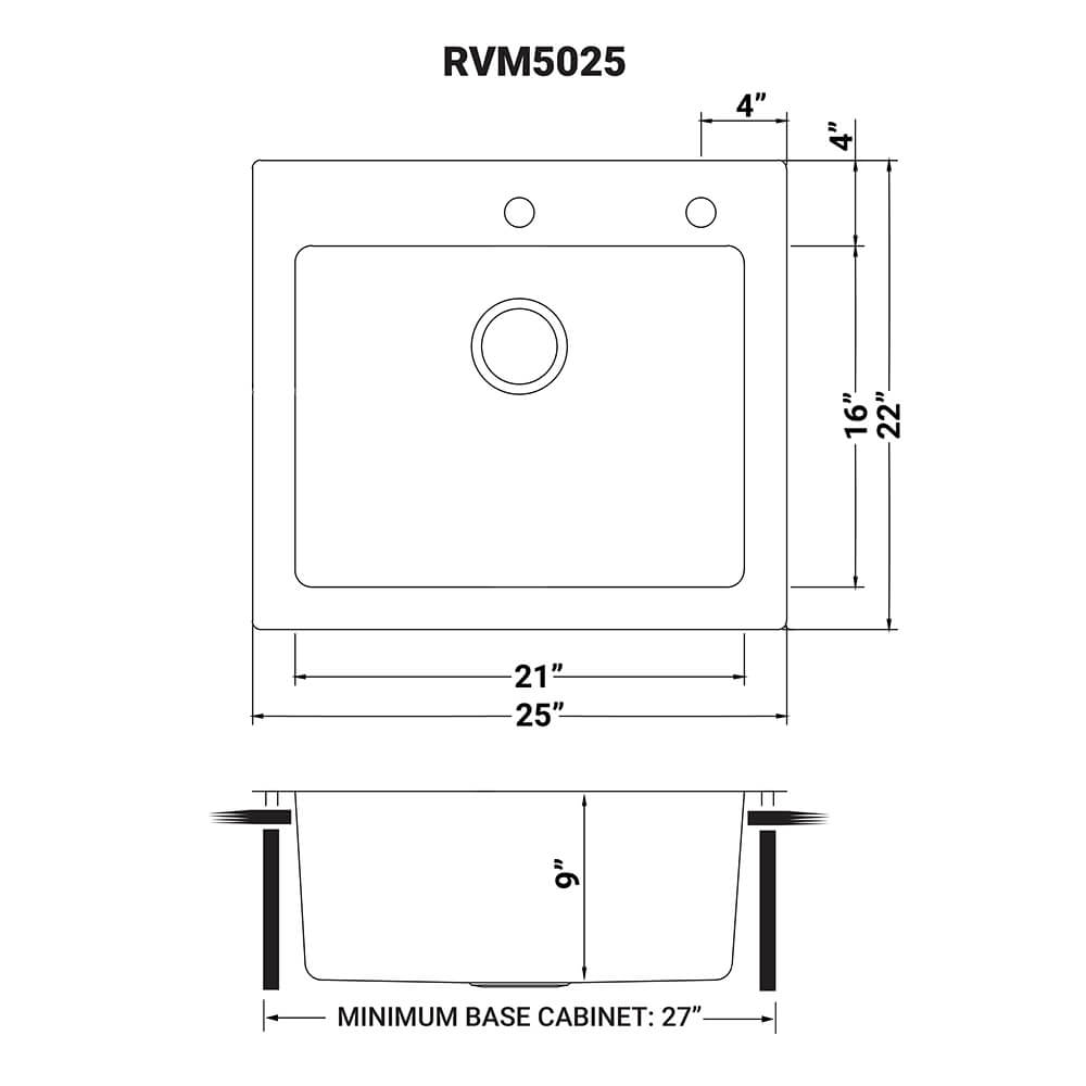 Ruvati 25 x 22 inch Drop-in Topmount Kitchen Sink 16 Gauge Stainless Steel Single Bowl - RVM5025