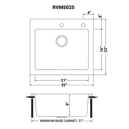 Ruvati 25 x 22 inch Drop-in Topmount Kitchen Sink 16 Gauge Stainless Steel Single Bowl - RVM5025