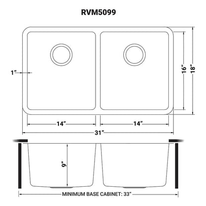 Ruvati 31-inch Undermount Kitchen Sink 50/50 Double Bowl 16 Gauge Stainless Steel - RVM5099