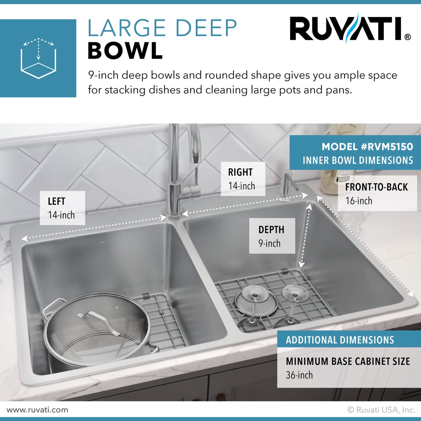 Ruvati 33 x 22 inch Drop-in Topmount Kitchen Sink 16 Gauge Stainless Steel 50/50 Double Bowl - RVM5150