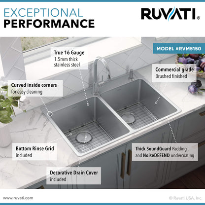 Ruvati 33 x 22 inch Drop-in Topmount Kitchen Sink 16 Gauge Stainless Steel 50/50 Double Bowl - RVM5150