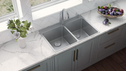 Ruvati 33 x 22 inch Drop-in Topmount Kitchen Sink 16 Gauge Stainless Steel 50/50 Double Bowl - RVM5150