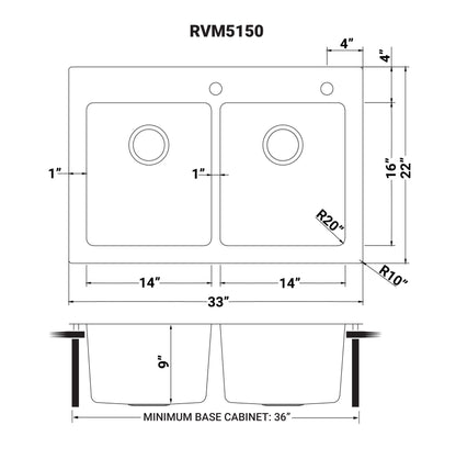 Ruvati 33 x 22 inch Drop-in Topmount Kitchen Sink 16 Gauge Stainless Steel 50/50 Double Bowl - RVM5150