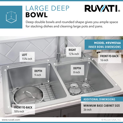 Ruvati 33 x 22 inch Drop-in Topmount Kitchen Sink 16 Gauge Stainless Steel 60/40 Double Bowl - RVM5166