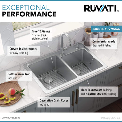 Ruvati 33 x 22 inch Drop-in Topmount Kitchen Sink 16 Gauge Stainless Steel 60/40 Double Bowl - RVM5166