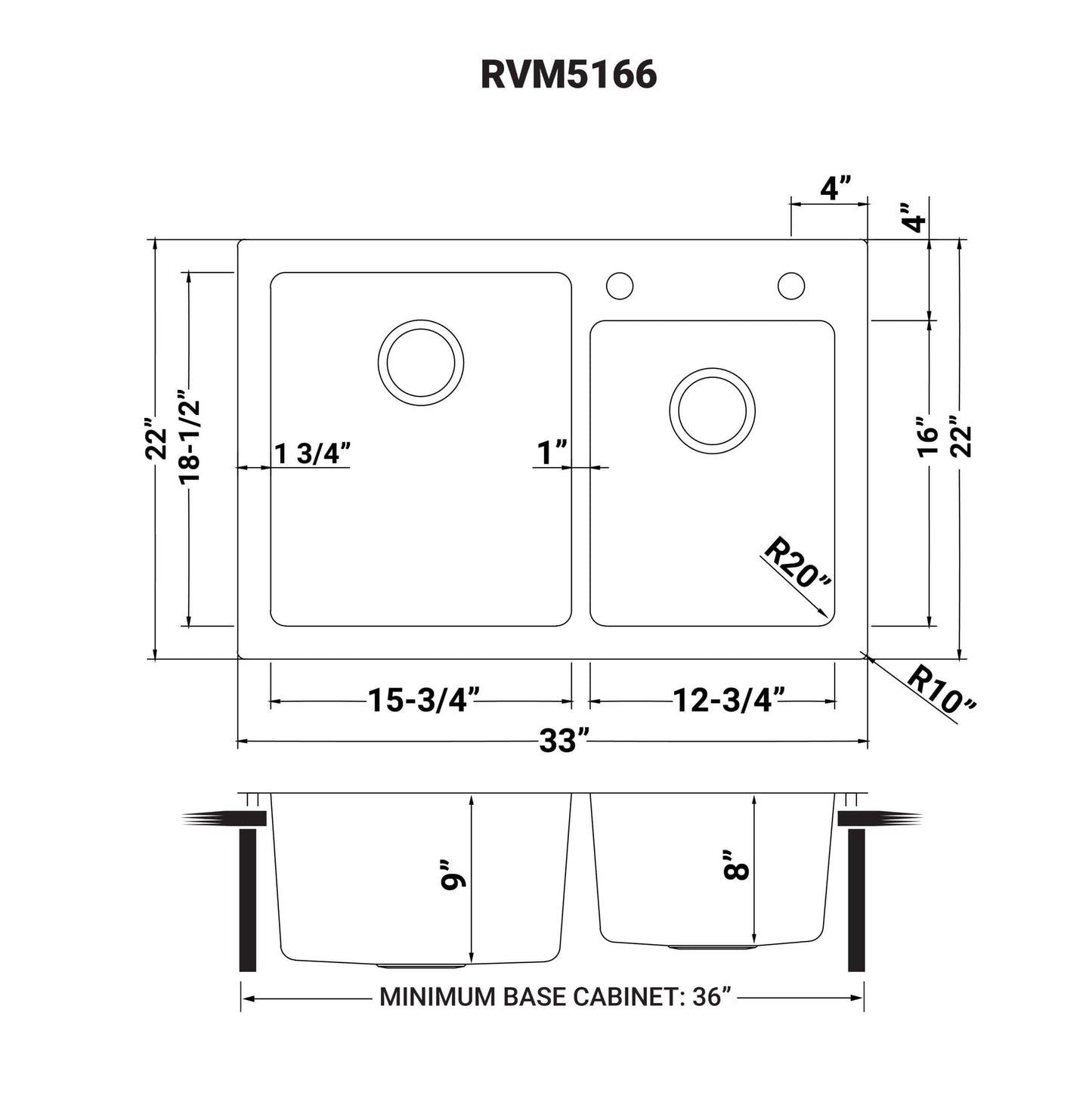 Ruvati 33 x 22 inch Drop-in Topmount Kitchen Sink 16 Gauge Stainless Steel 60/40 Double Bowl - RVM5166