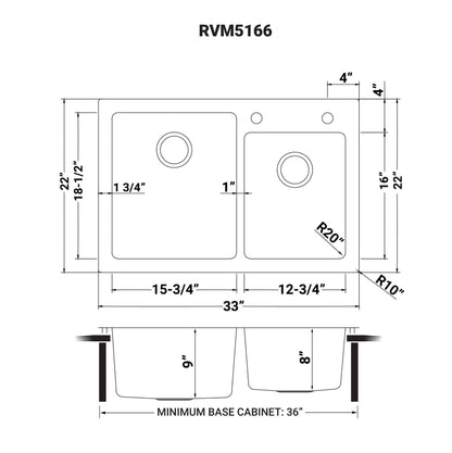 Ruvati 33 x 22 inch Drop-in Topmount Kitchen Sink 16 Gauge Stainless Steel 60/40 Double Bowl - RVM5166