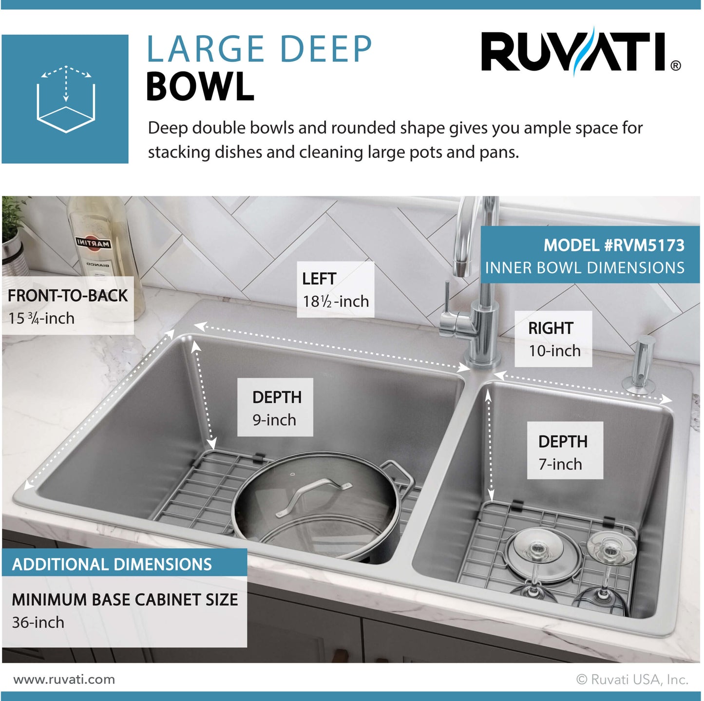 Ruvati 33 x 22 inch Drop-in Topmount Kitchen Sink 16 Gauge Stainless Steel 70/30 Double Bowl - RVM5173