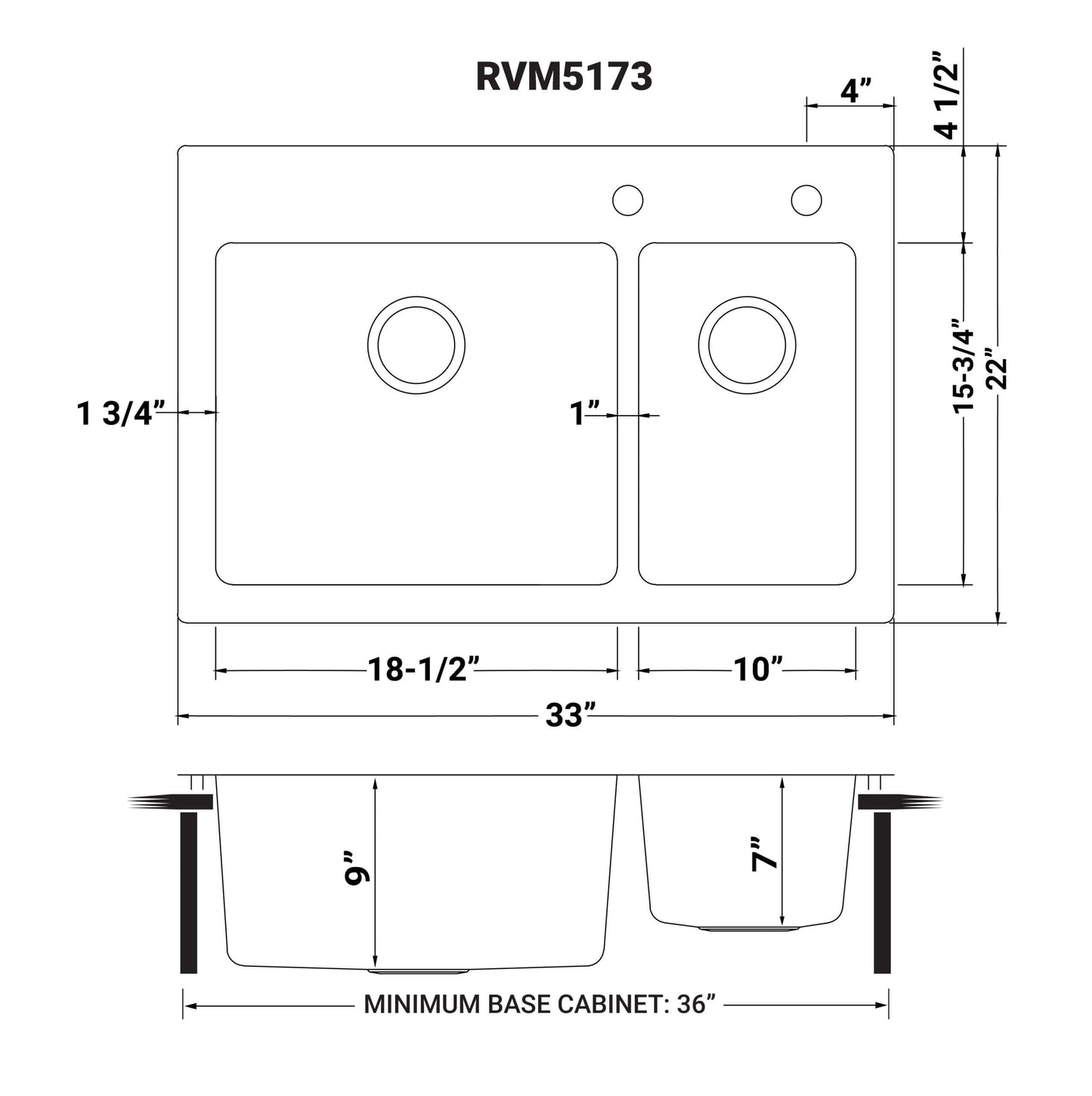 Ruvati 33 x 22 inch Drop-in Topmount Kitchen Sink 16 Gauge Stainless Steel 70/30 Double Bowl - RVM5173