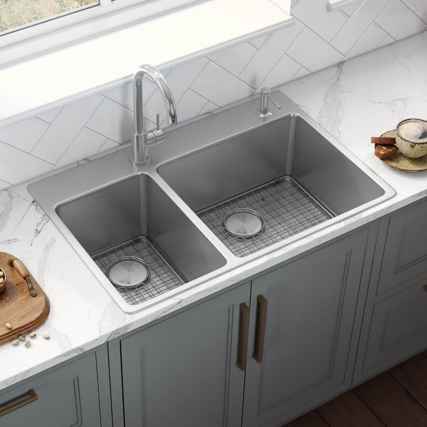 Ruvati 33 x 22 inch Drop-in Topmount Kitchen Sink 16 Gauge Stainless Steel 30/70 Double Bowl - RVM5176