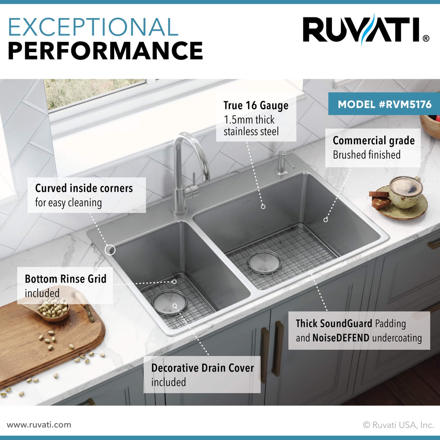 Ruvati 33 x 22 inch Drop-in Topmount Kitchen Sink 16 Gauge Stainless Steel 30/70 Double Bowl - RVM5176