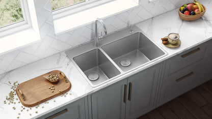 Ruvati 33 x 22 inch Drop-in Topmount Kitchen Sink 16 Gauge Stainless Steel 30/70 Double Bowl - RVM5176