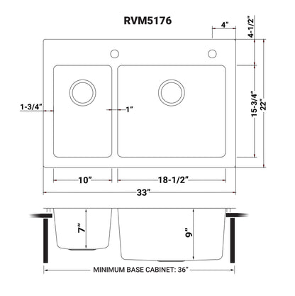 Ruvati 33 x 22 inch Drop-in Topmount Kitchen Sink 16 Gauge Stainless Steel 30/70 Double Bowl - RVM5176