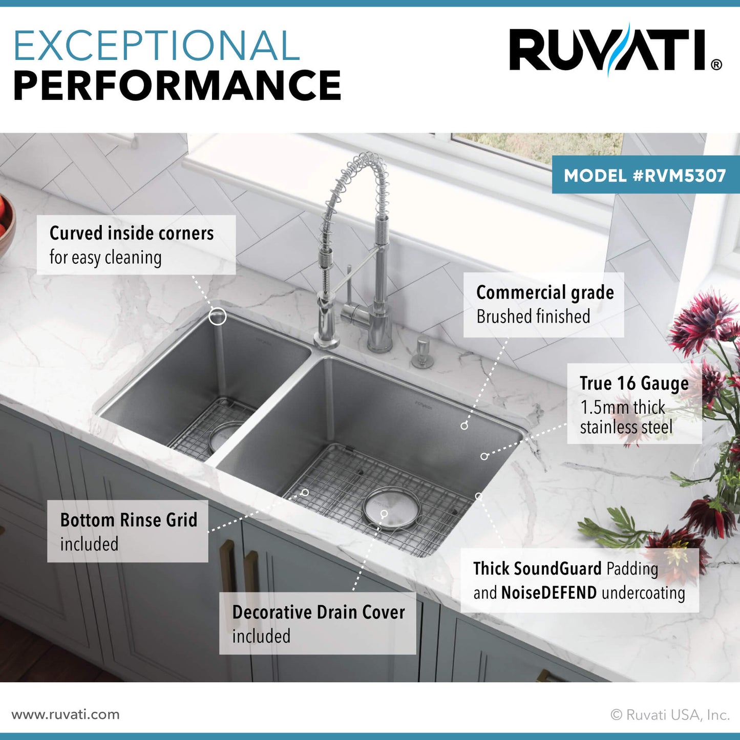 Ruvati 32-inch Undermount Kitchen Sink 30/70 Double Bowl 16 Gauge Stainless Steel - RVM5307