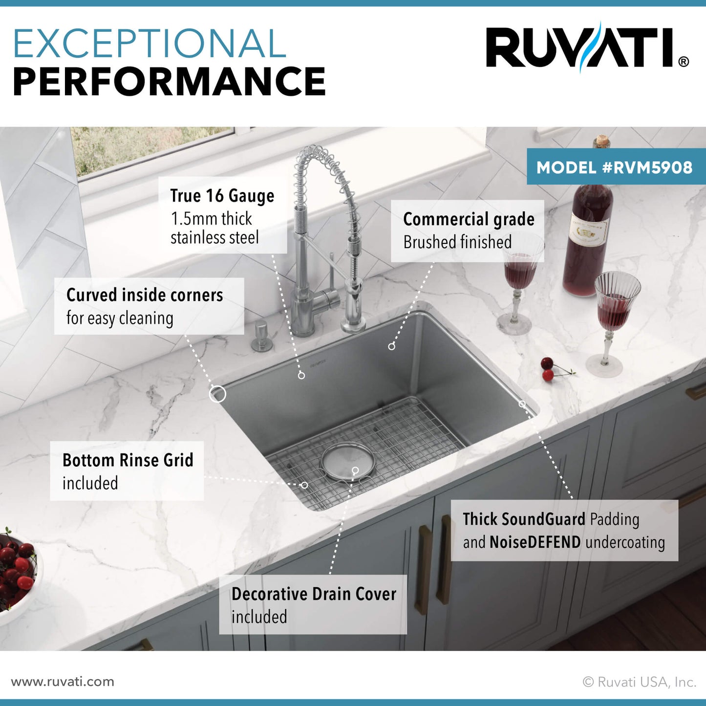 Ruvati 23-inch Undermount Kitchen Sink 16 Gauge Stainless Steel Single Bowl - RVM5908