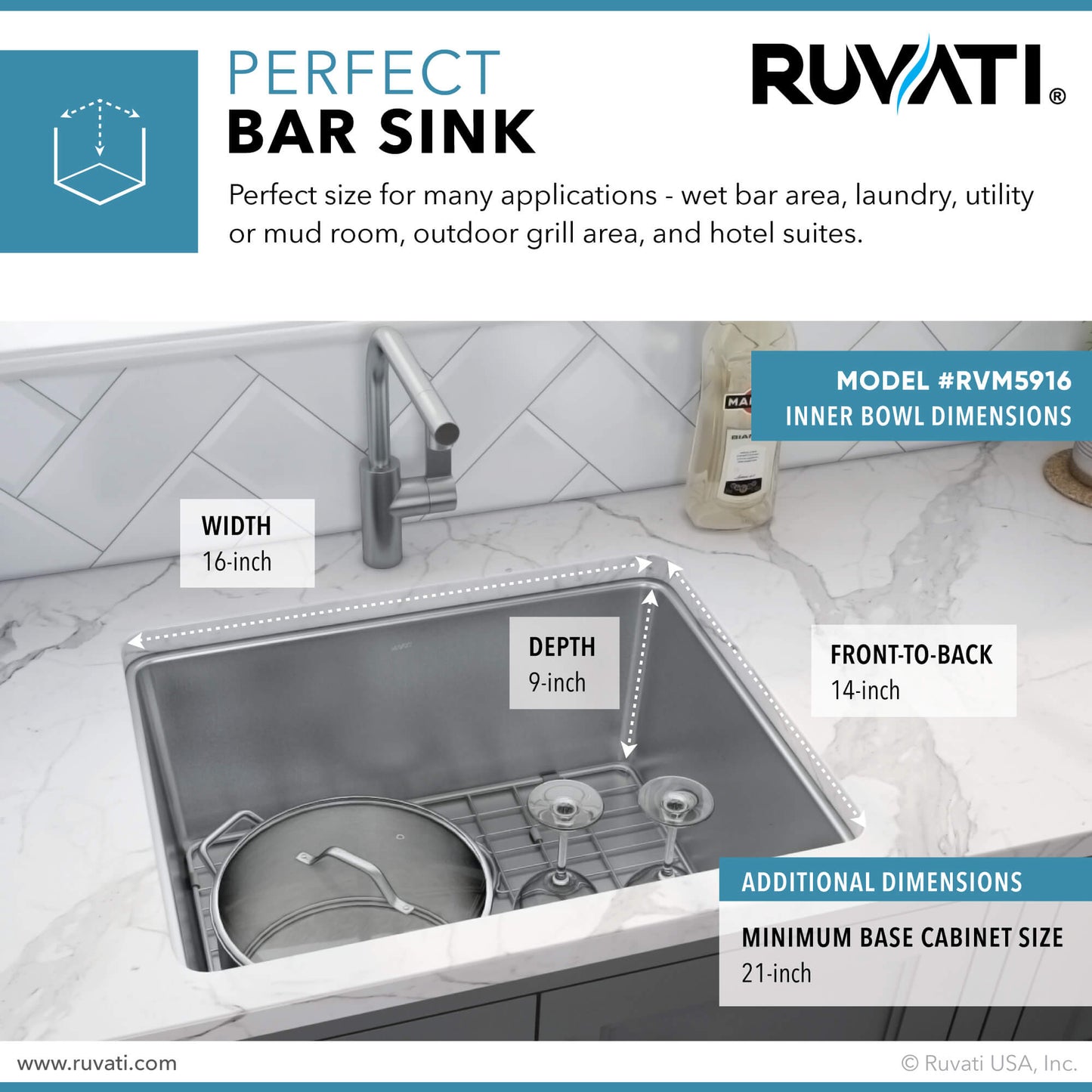 Ruvati 18-inch Undermount Bar Prep Kitchen Sink 16 Gauge Stainless Steel Single Bowl - RVM5916